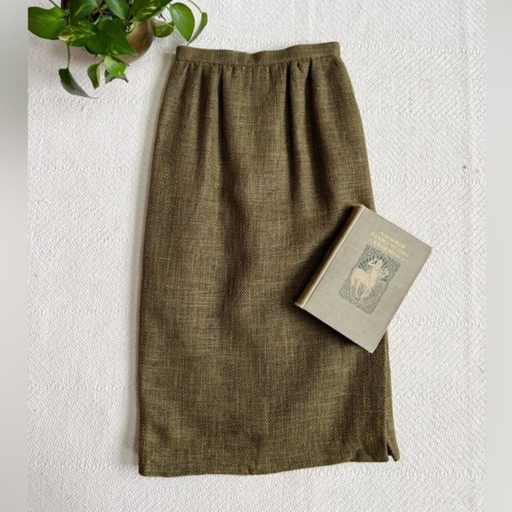 Vintage Christian Aujard Paris Woven Tweed Olive Green Midi Skirt
